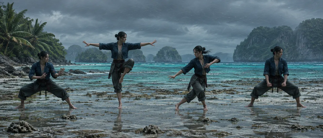 Pantai karang saat air surut sebelum topan. Maren Tide terlihat empat kali di garis air, tiap kali dengan kuda-kuda berbeda: rendah dan lebar, satu kaki terangkat, melangkah menyamping, dan berdiri persegi dengan kepalan rendah.