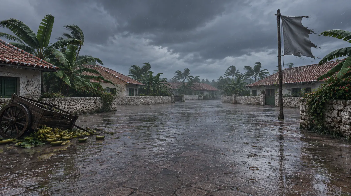 Persimpangan Redtile yang banjir saat topan, gerobak buah terguling, bendera abu robek.
