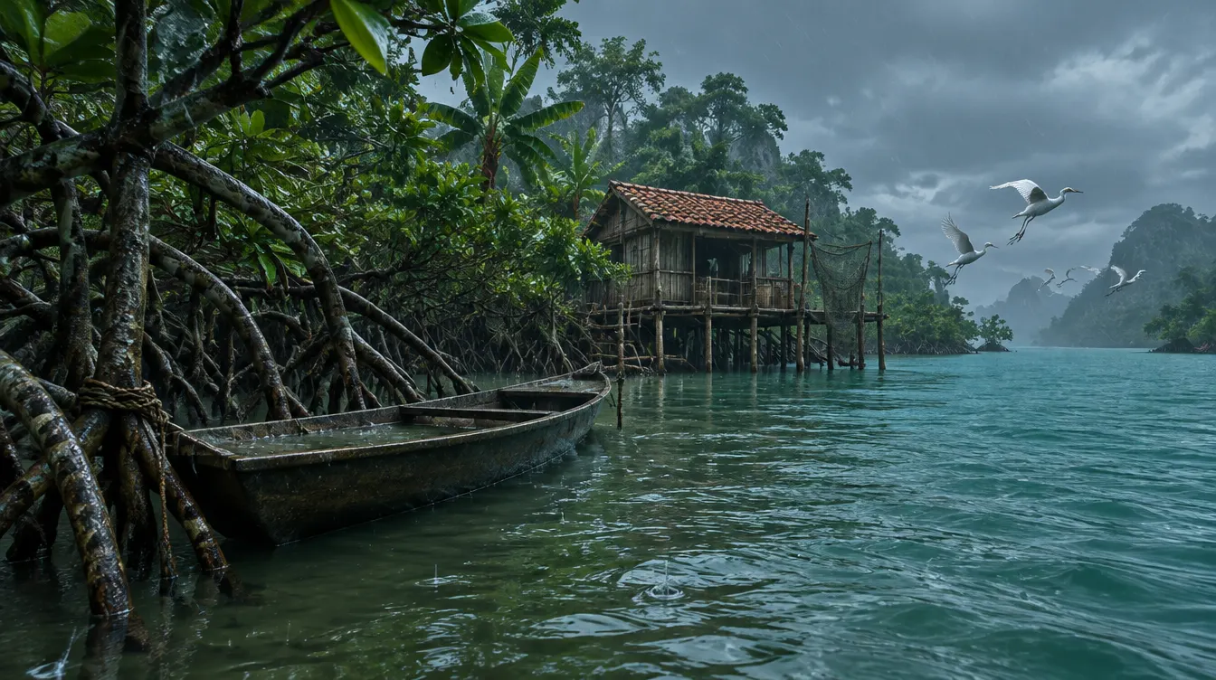 Sungai bakau dengan kano kayu terikat di akar, pondok panggung beratap genteng merah, bangau terbang ke kanan.