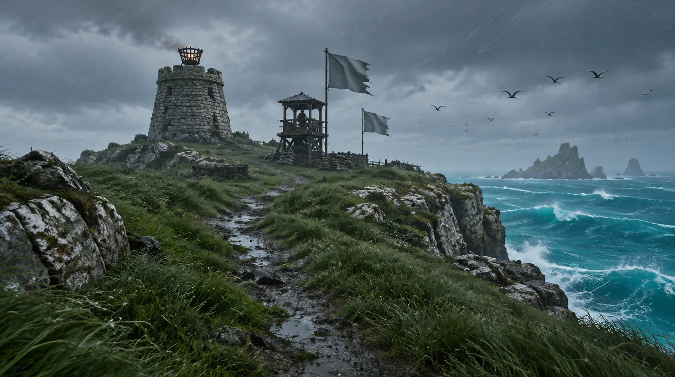 Tanjung berumput di pulau terjauh, menara api penanda badai dari batu, pos jaga kayu dengan bendera abu polos, ombak besar di bawah tebing.